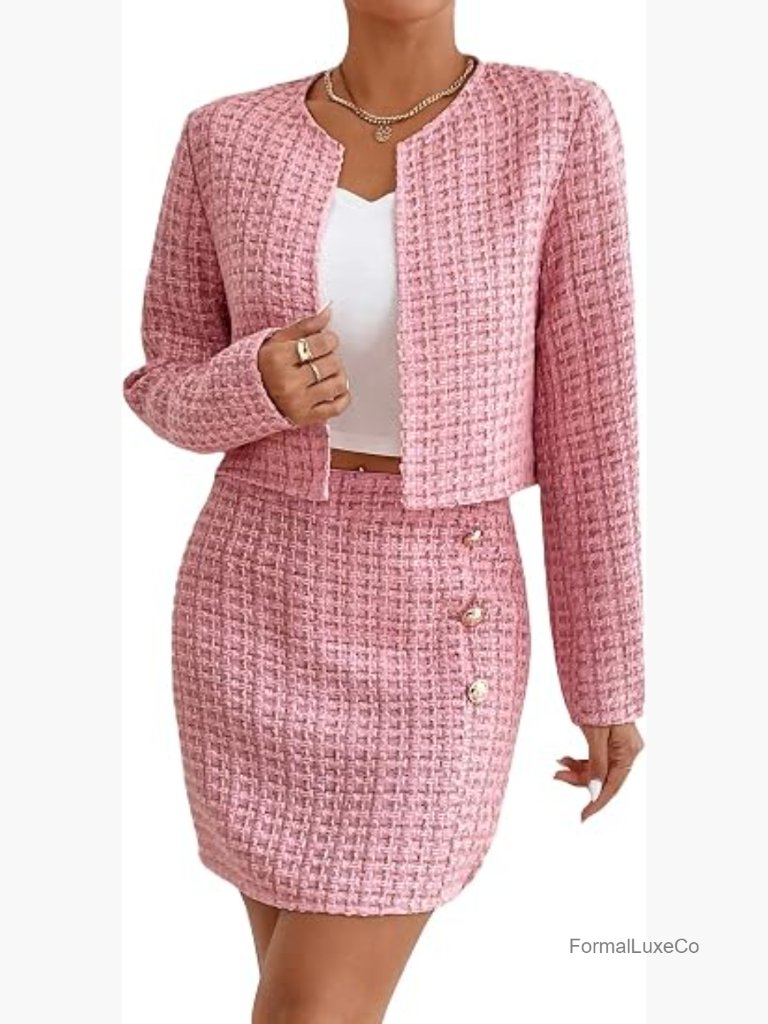 Plaid Tweed Blazer & Skirt Set - Women's 2 Piece Outfit